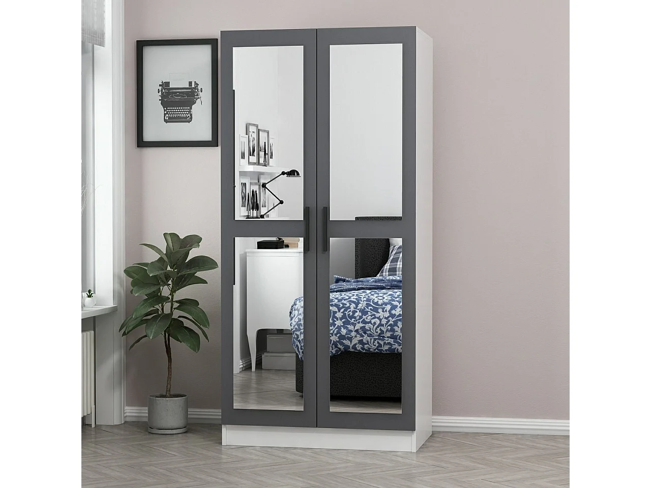 Armoire 2 portes et 4 miroirs Sanur L90xH190cm Anthracite et Blanc