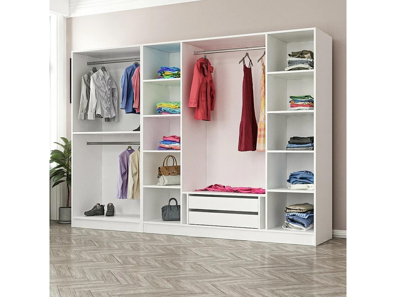 Armoire 6 portes et 4 miroirs Bangka L225xH210cm Blanc