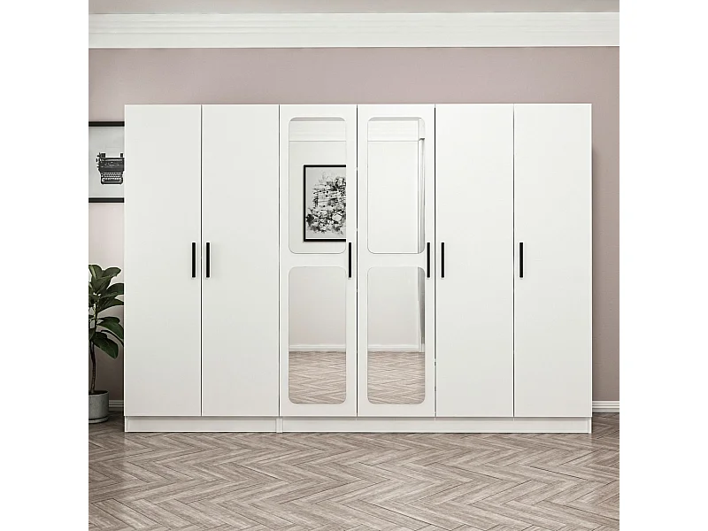 Armoire 6 portes et 4 miroirs Bangka L225xH210cm Blanc