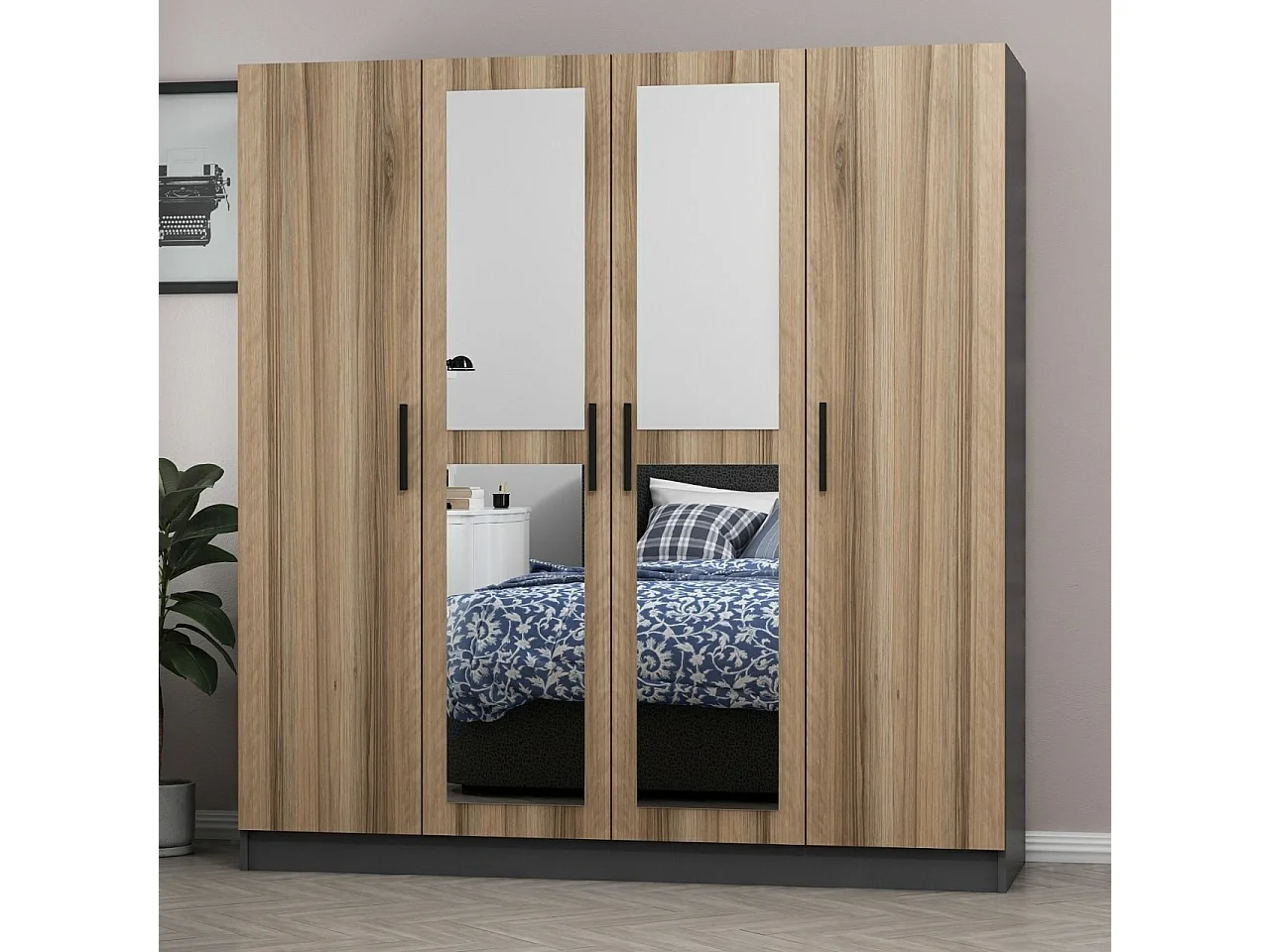 Armoire 4 portes et 4 miroirs Sanur L180xH190cm Bois clair et Anthracite