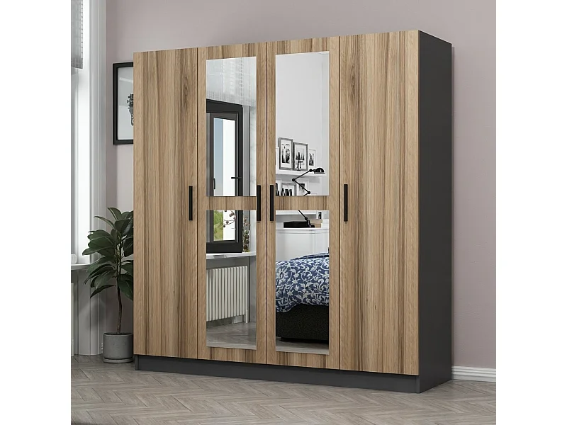 Armoire 4 portes et 4 miroirs Sanur L180xH190cm Bois clair et Anthracite