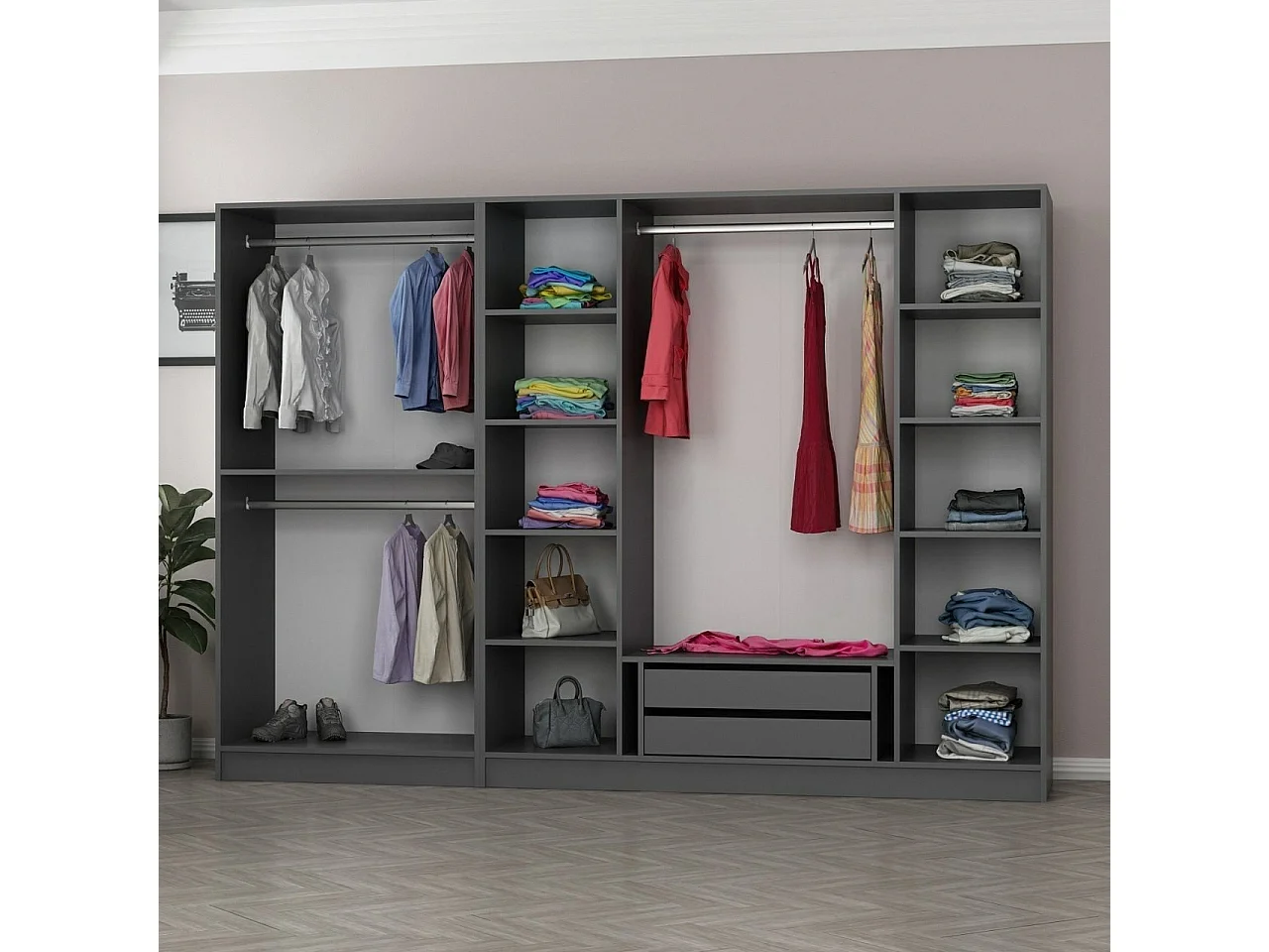 Armoire ouverte Antipax L270xH210cm 3 tringles et 2 tiroirs Anthracite