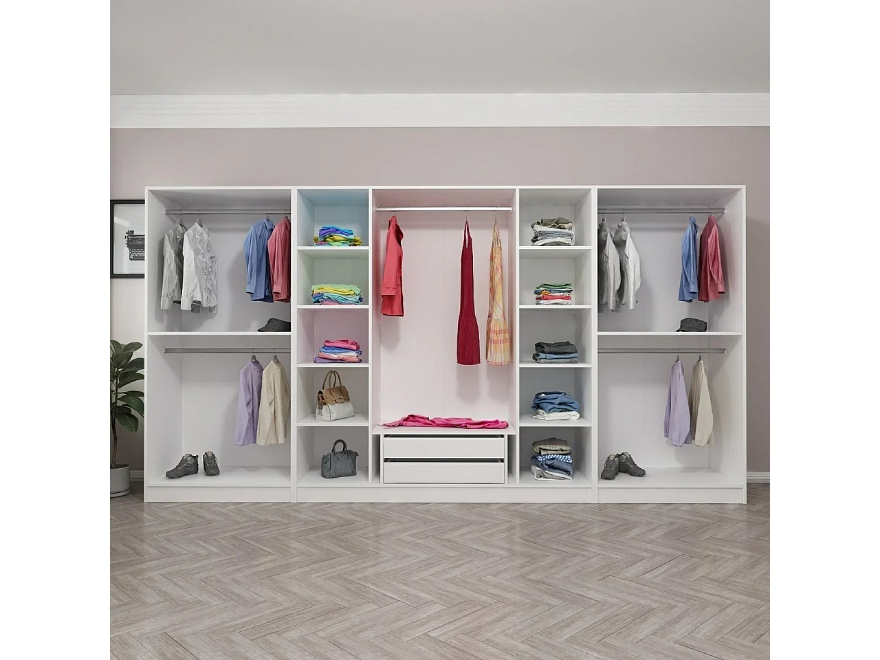 Armoire ouverte Antipax L360xH190cm 5 tringles et 2 tiroirs Blanc