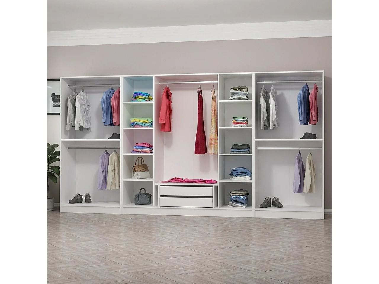 Armoire ouverte Antipax L360xH190cm 5 tringles et 2 tiroirs Blanc