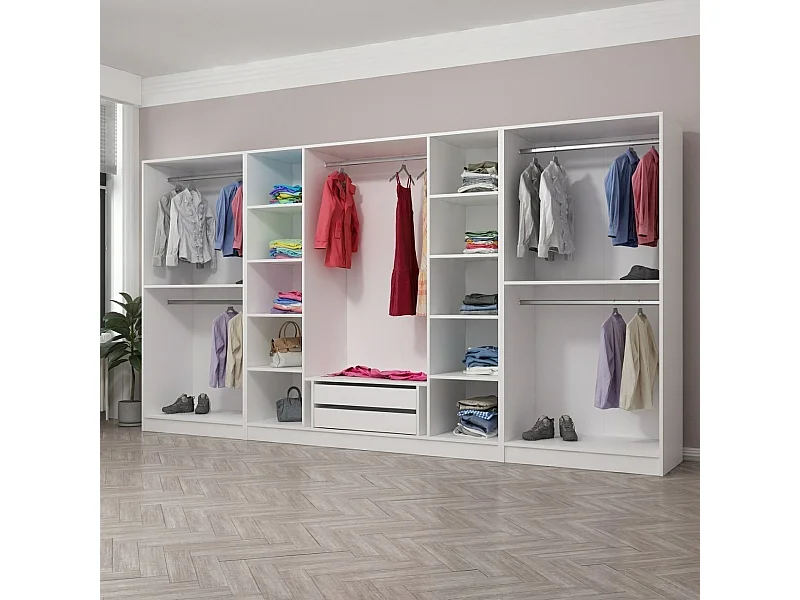 Armoire ouverte Antipax L360xH190cm 5 tringles et 2 tiroirs Blanc