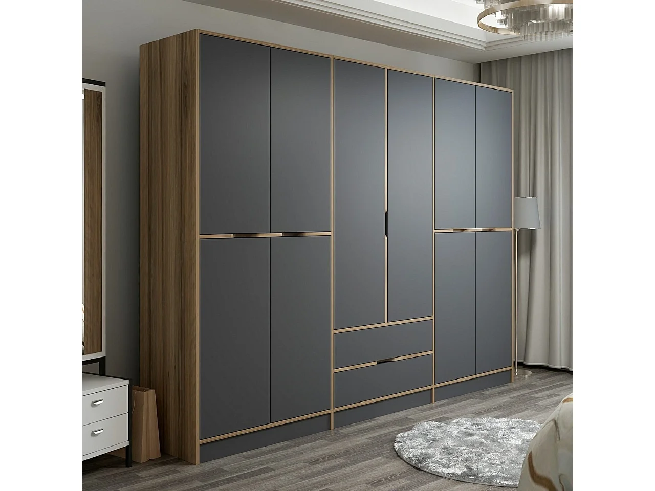 Guardaroba Kailua J103, Noce|Antracite, 210x270x52cm, Porte guardaroba: Con cerniere