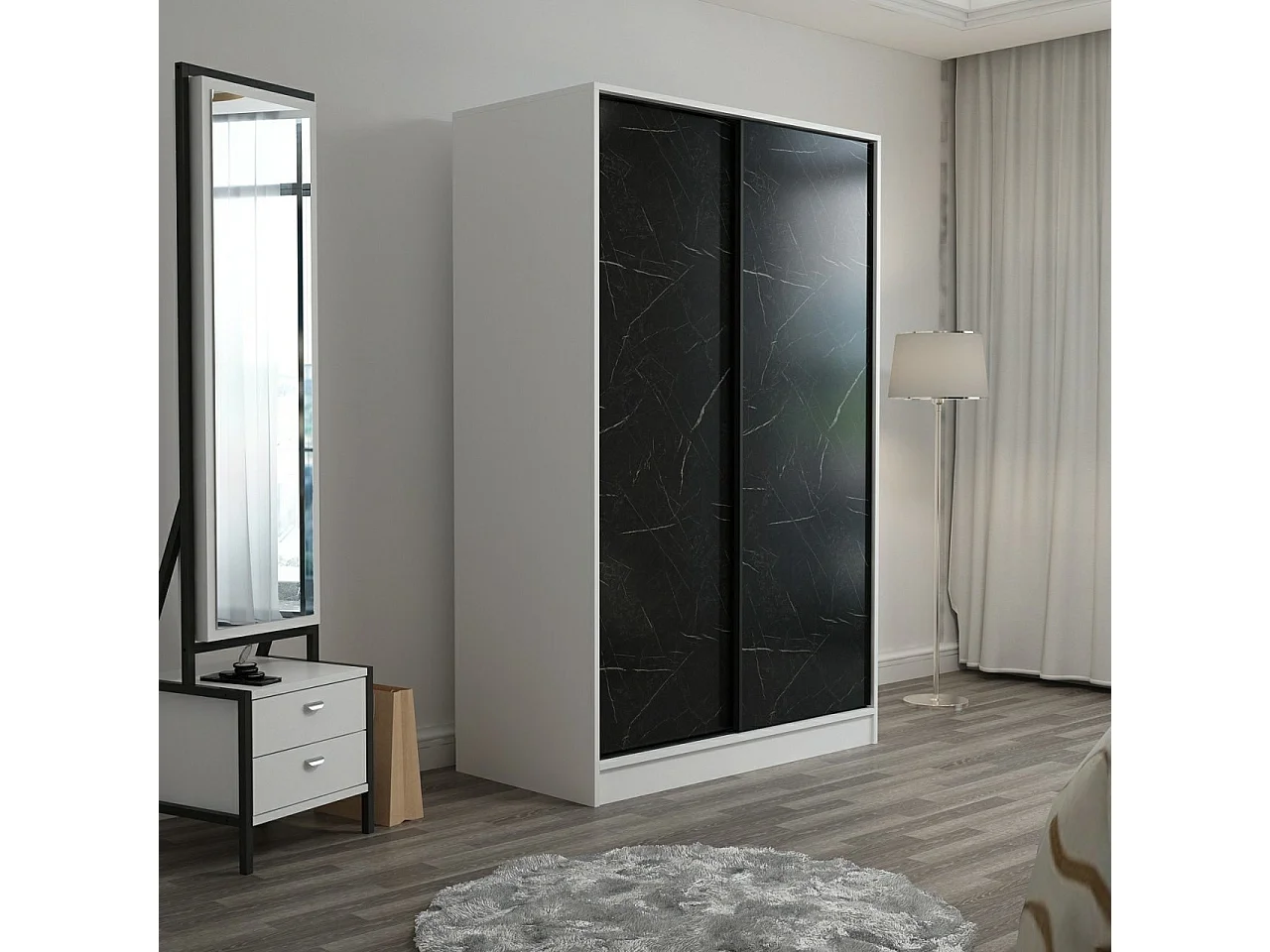 Armoire design 2 portes coulissantes Selong L120xH210cm Blanc et Effet marbre Noir