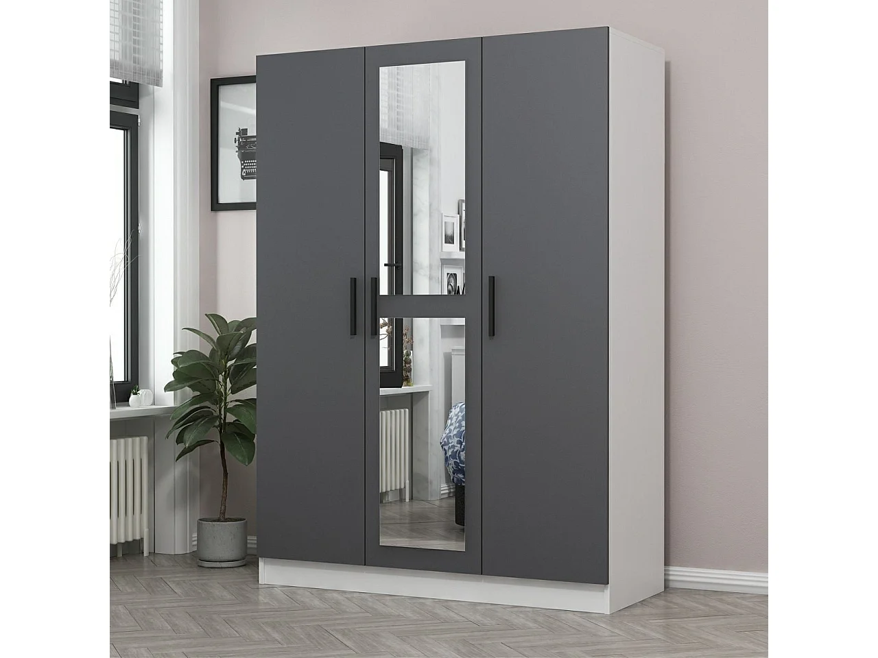Armoire 3 portes et 2 miroirs Sanur L135xH190cm Anthracite