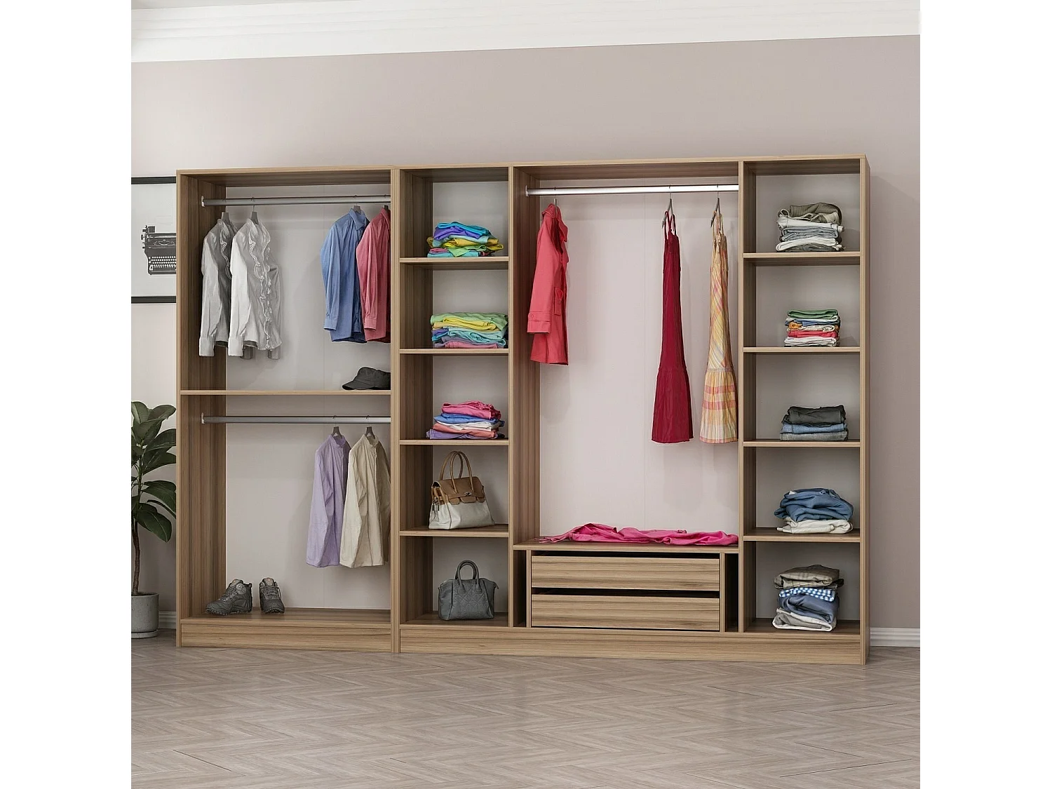 Armoire ouverte Antipax L270xH190cm 3 tringles et 2 tiroirs Bois clair