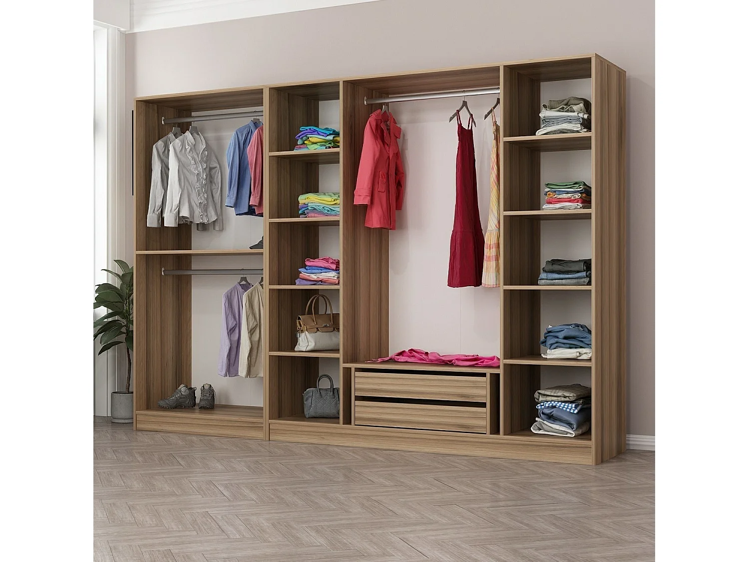 Armoire ouverte Antipax L270xH190cm 3 tringles et 2 tiroirs Bois clair