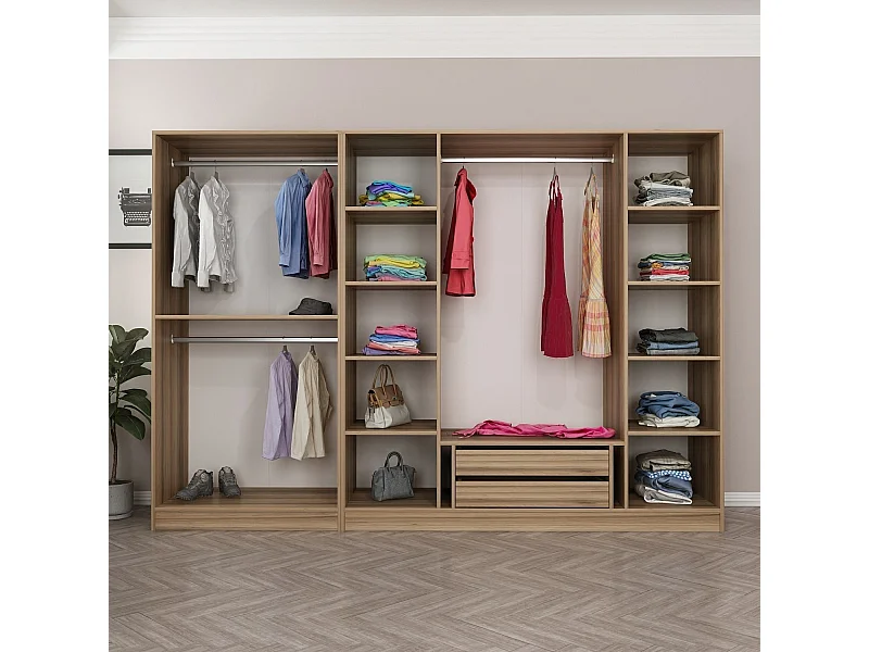 Armoire ouverte Antipax L270xH190cm 3 tringles et 2 tiroirs Bois clair