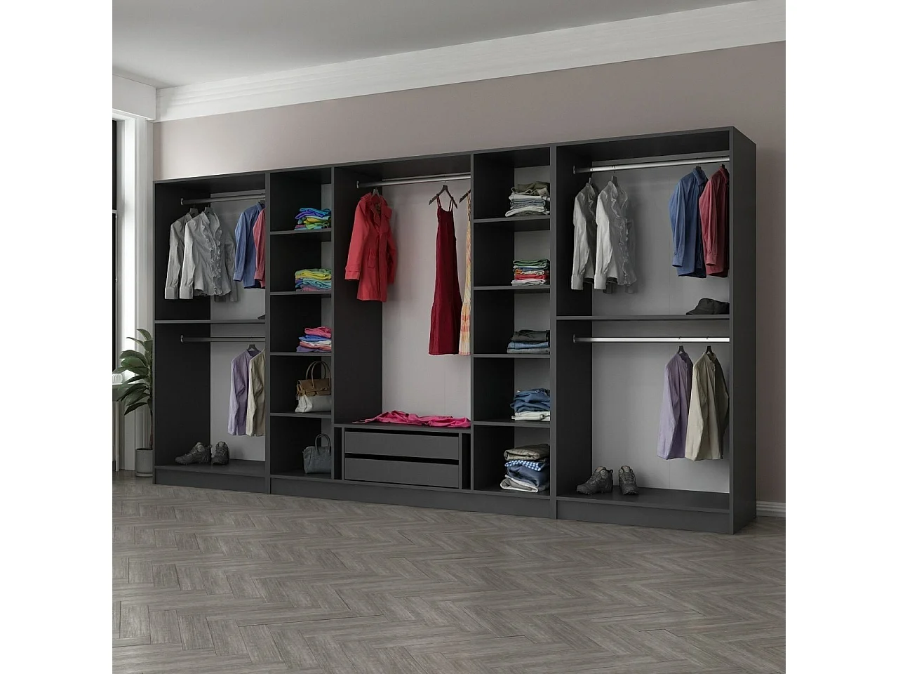 Armoire ouverte Antipax L360xH190cm 5 tringles et 2 tiroirs Anthracite