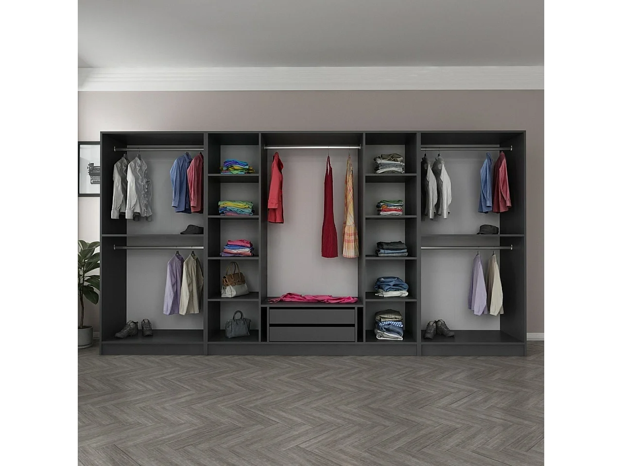 Armoire ouverte Antipax L360xH190cm 5 tringles et 2 tiroirs Anthracite