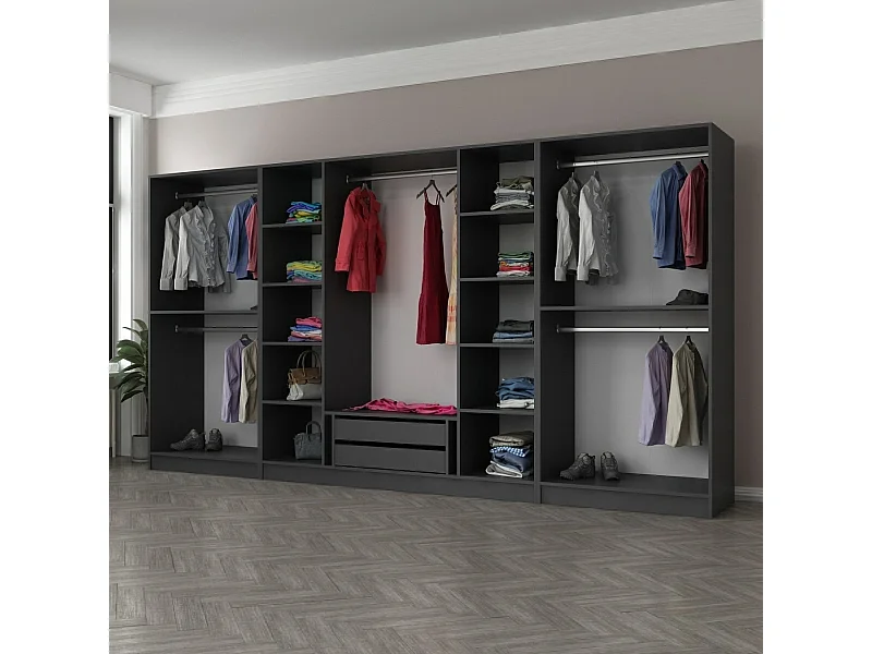 Armoire ouverte Antipax L360xH190cm 5 tringles et 2 tiroirs Anthracite