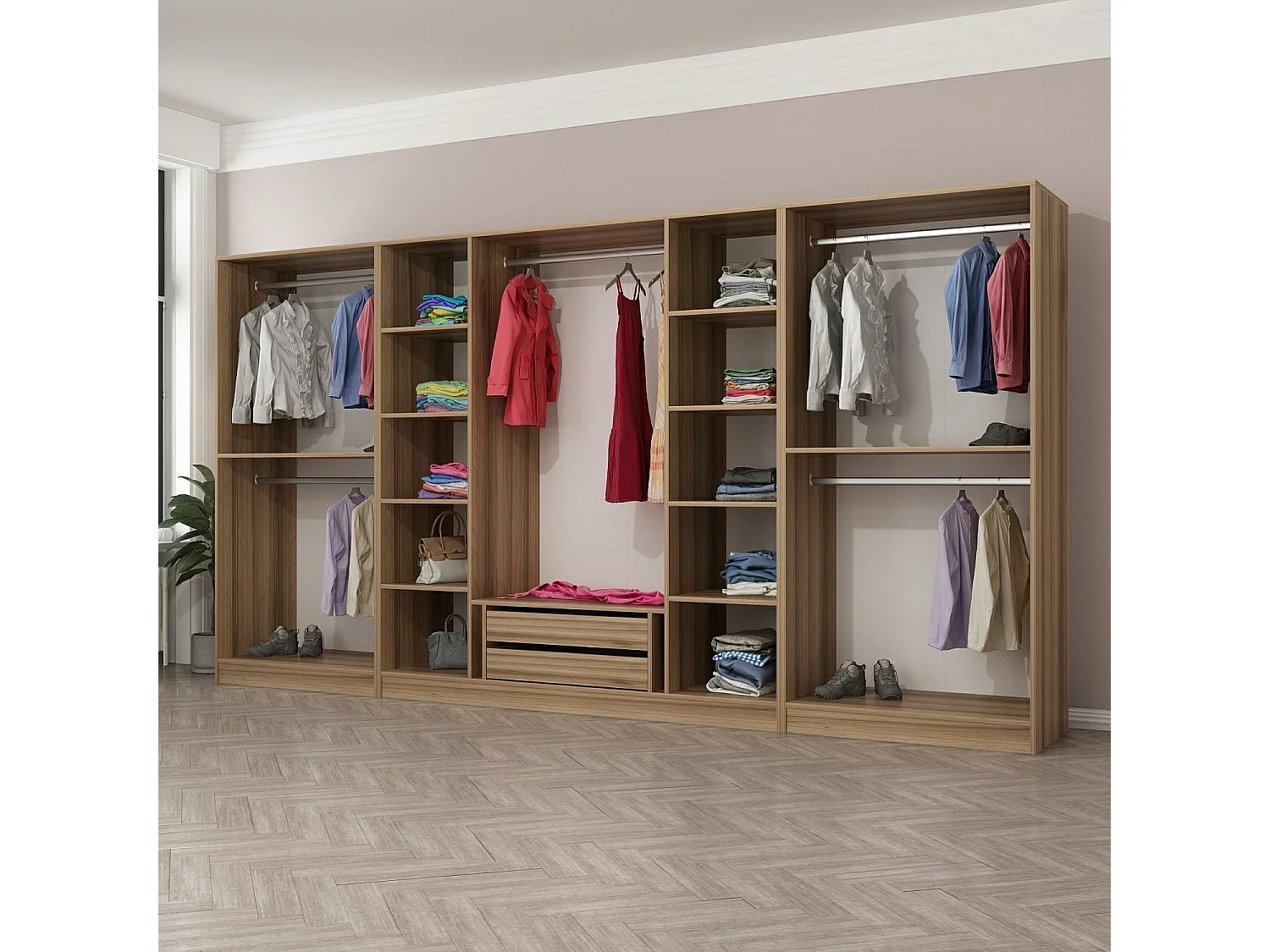 Armoire ouverte Antipax L360xH190cm 5 tringles et 2 tiroirs Bois clair