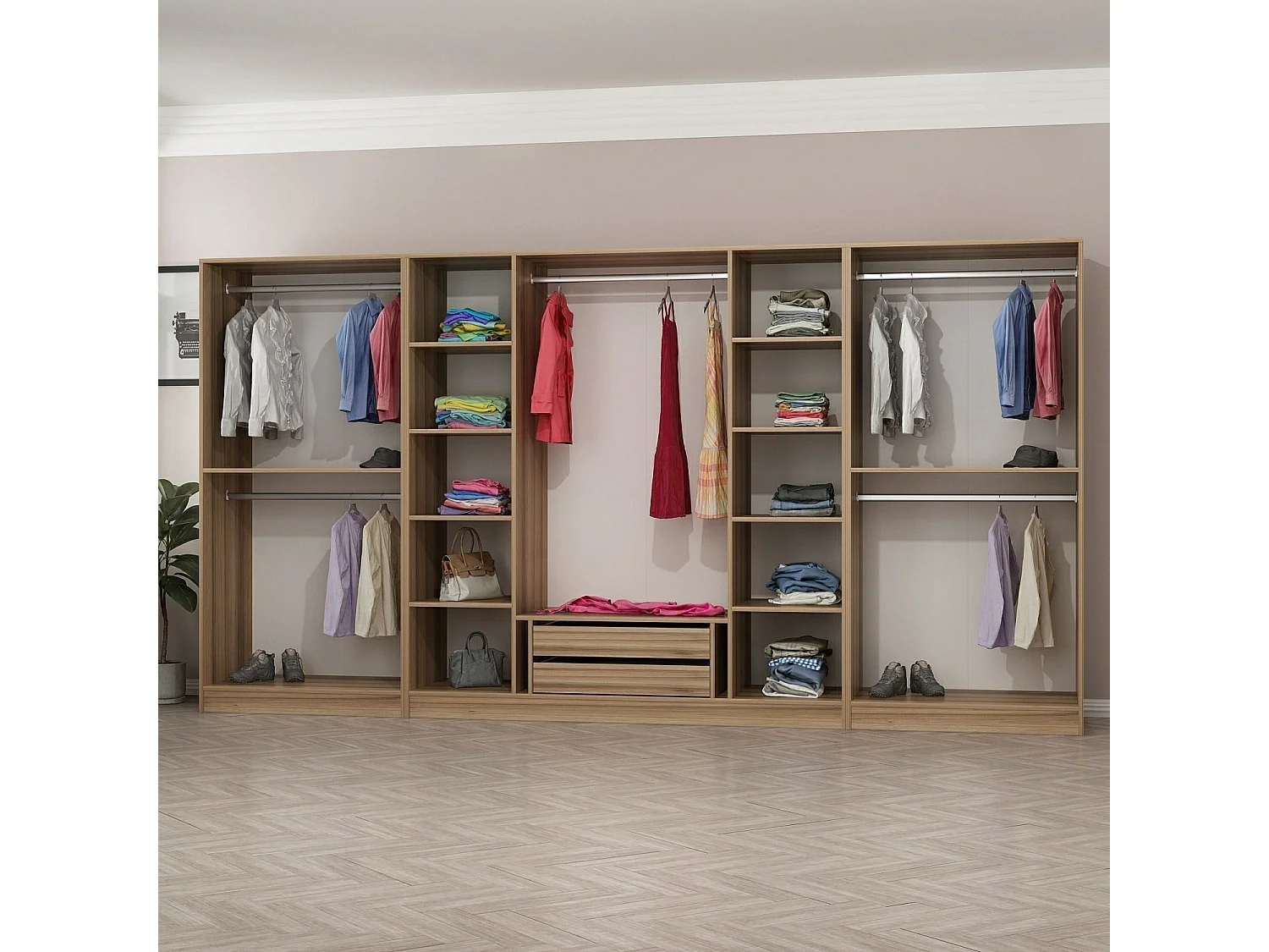 Armoire ouverte Antipax L360xH190cm 5 tringles et 2 tiroirs Bois clair