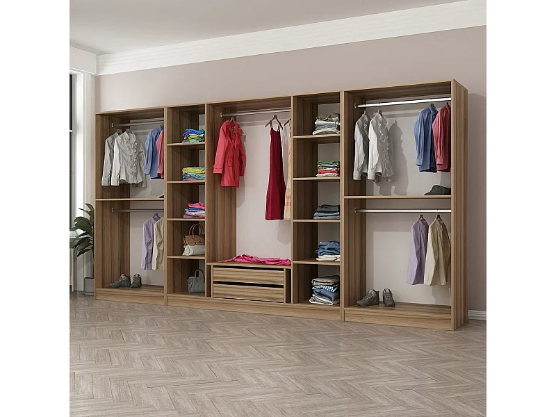 Armoire ouverte Antipax L360xH190cm 5 tringles et 2 tiroirs Bois clair