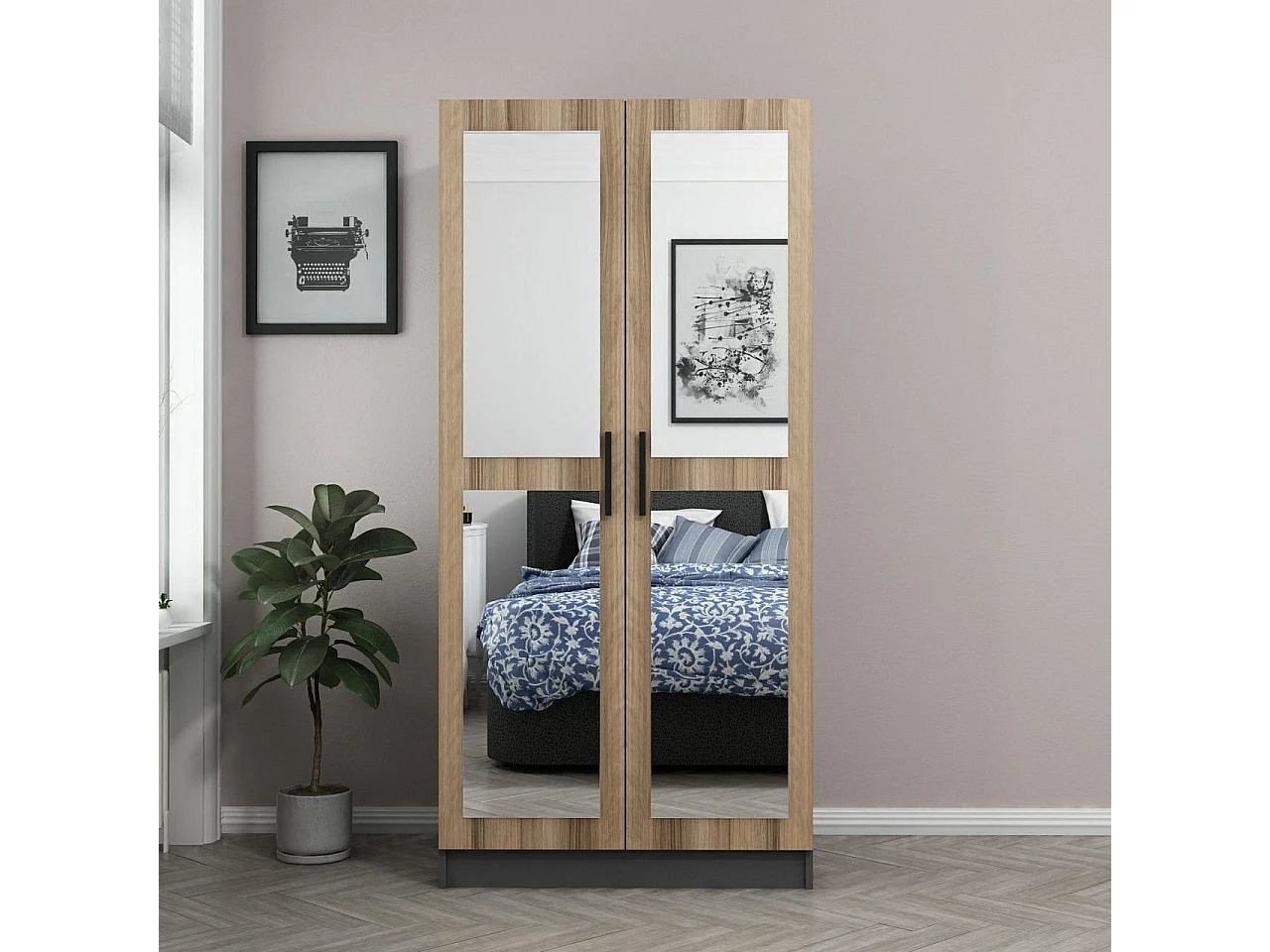 Armario Kailua L108, Antracita|Roble, 210x90x52cm, Puertas de armario: Con bisagras