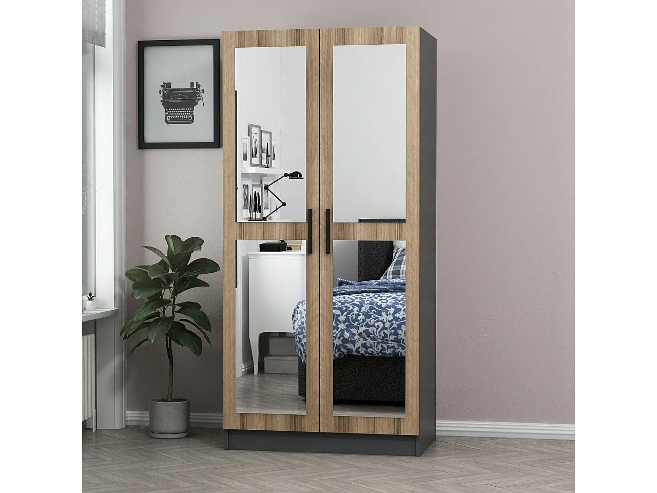 Armoire 2 portes et 4 miroirs Sanur L90xH210cm Chêne clair et Anthracite