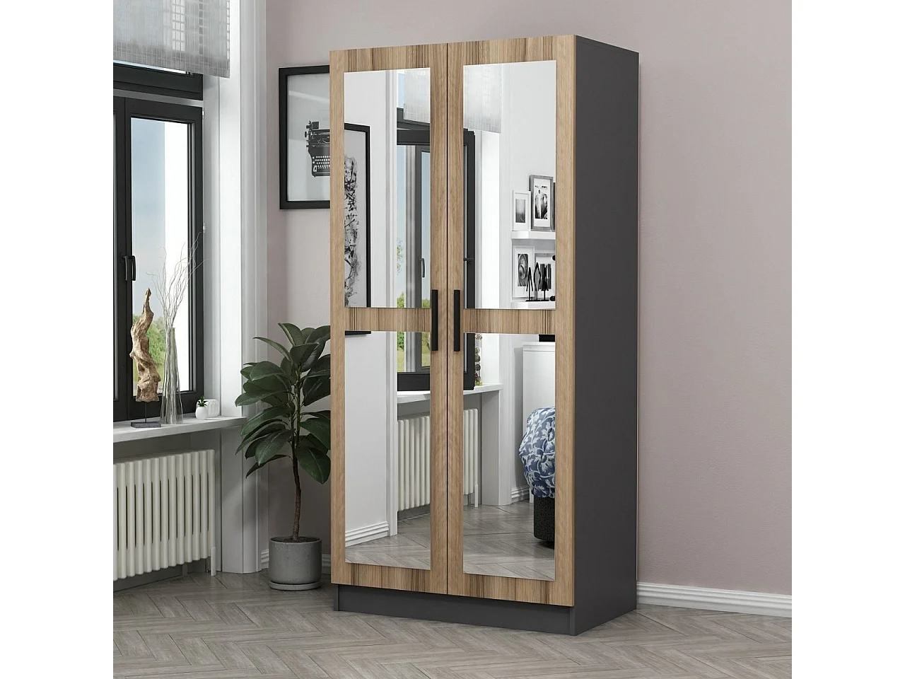 Armoire 2 portes et 4 miroirs Sanur L90xH210cm Chêne clair et Anthracite