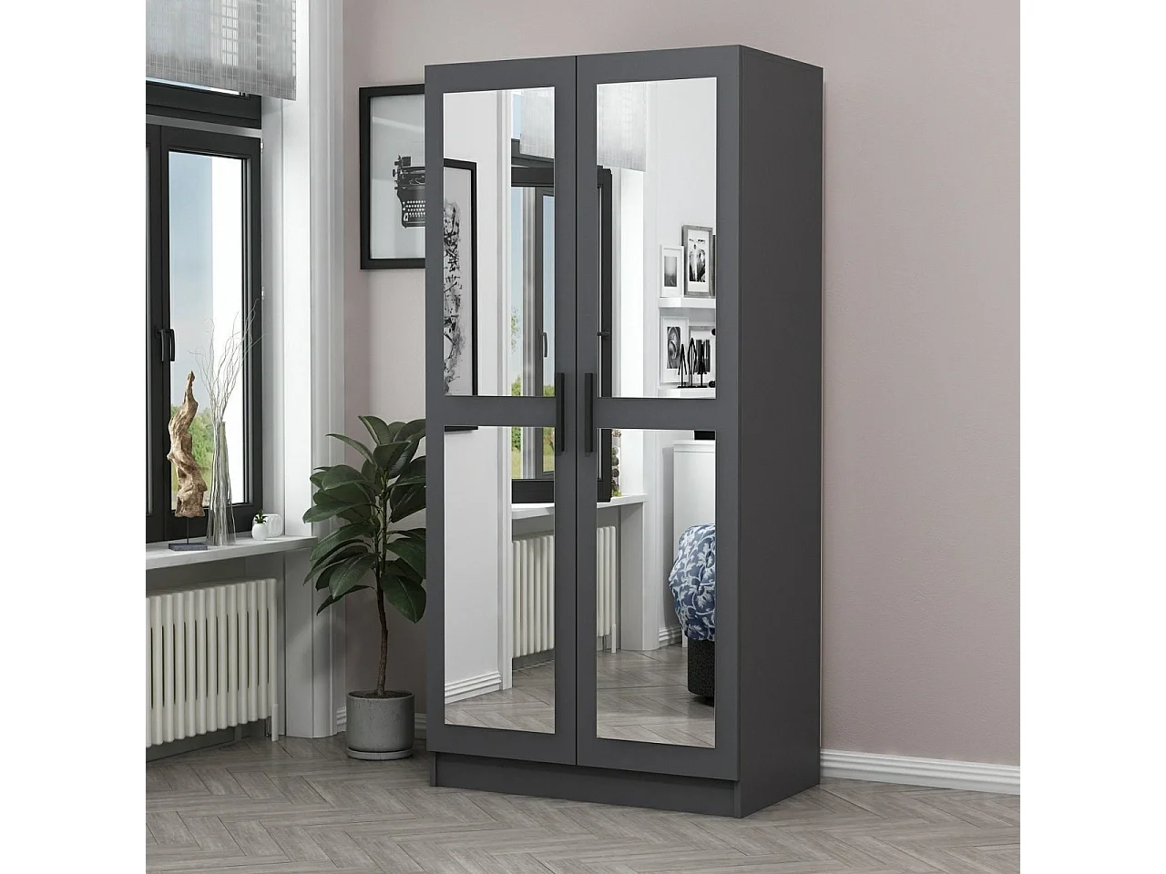 Armoire 2 portes et 4 miroirs Sanur L90xH210cm Anthracite