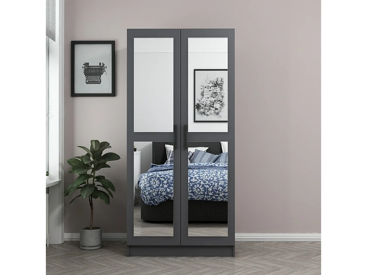 Armoire 2 portes et 4 miroirs Sanur L90xH210cm Anthracite