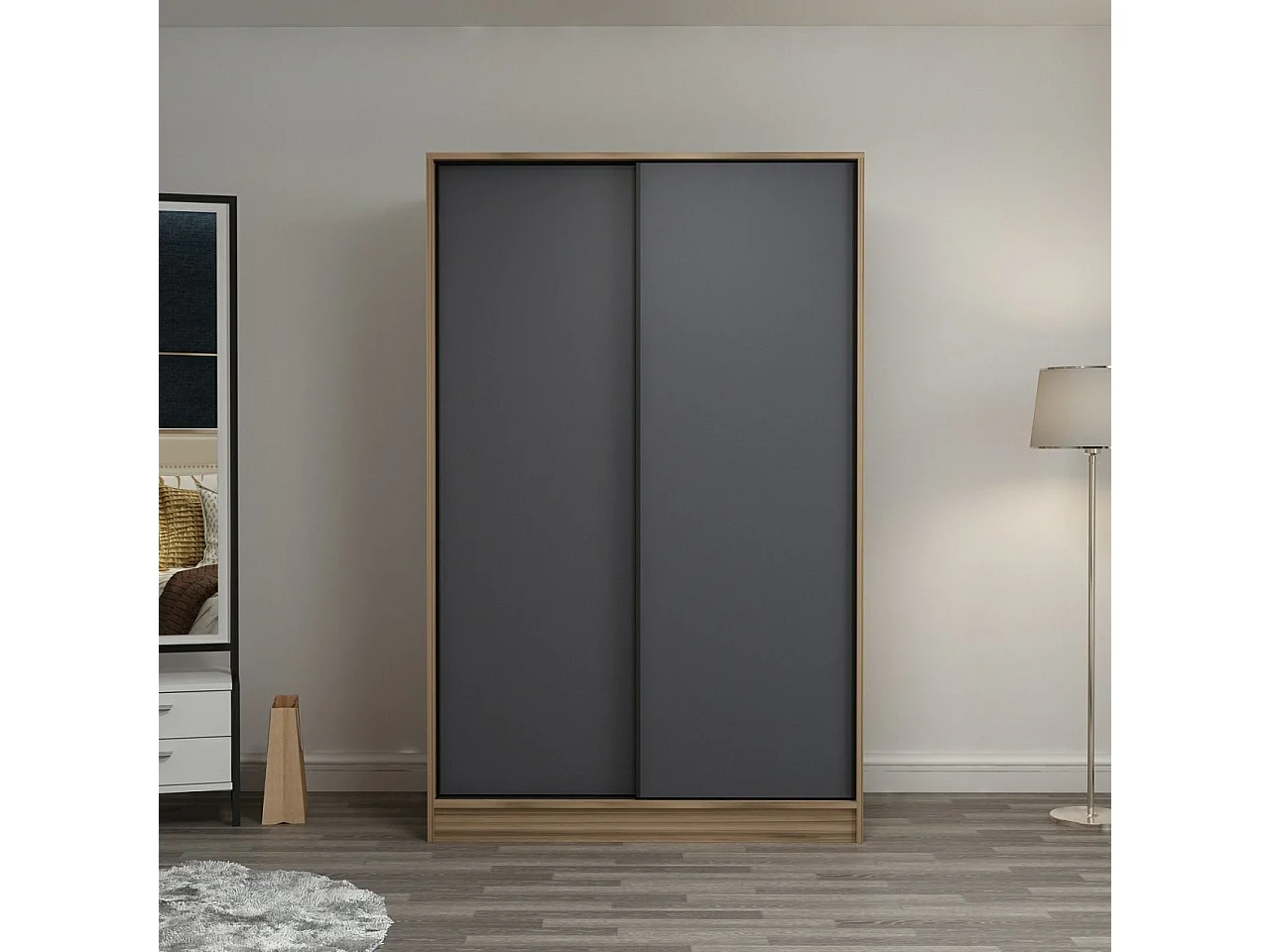 Armoire design 2 portes coulissantes Selong L120xH210cm Chêne clair et Anthracite