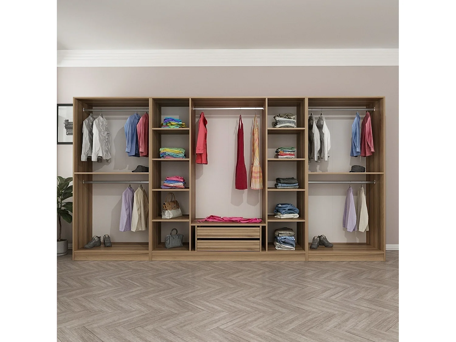 Armoire ouverte Antipax L360xH210cm 5 tringles et 2 tiroirs Bois clair