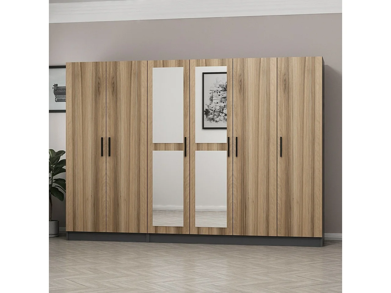 Armoire 6 portes et 4 miroirs Sanur L270xH190cm Bois clair et Anthracite