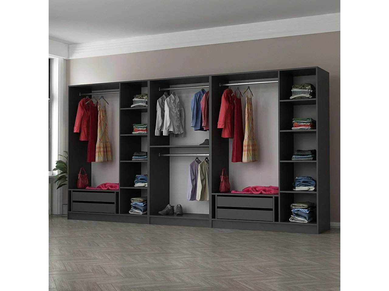 Armoire ouverte Antipax L360xH190cm 4 tringles et 4 tiroirs Anthracite