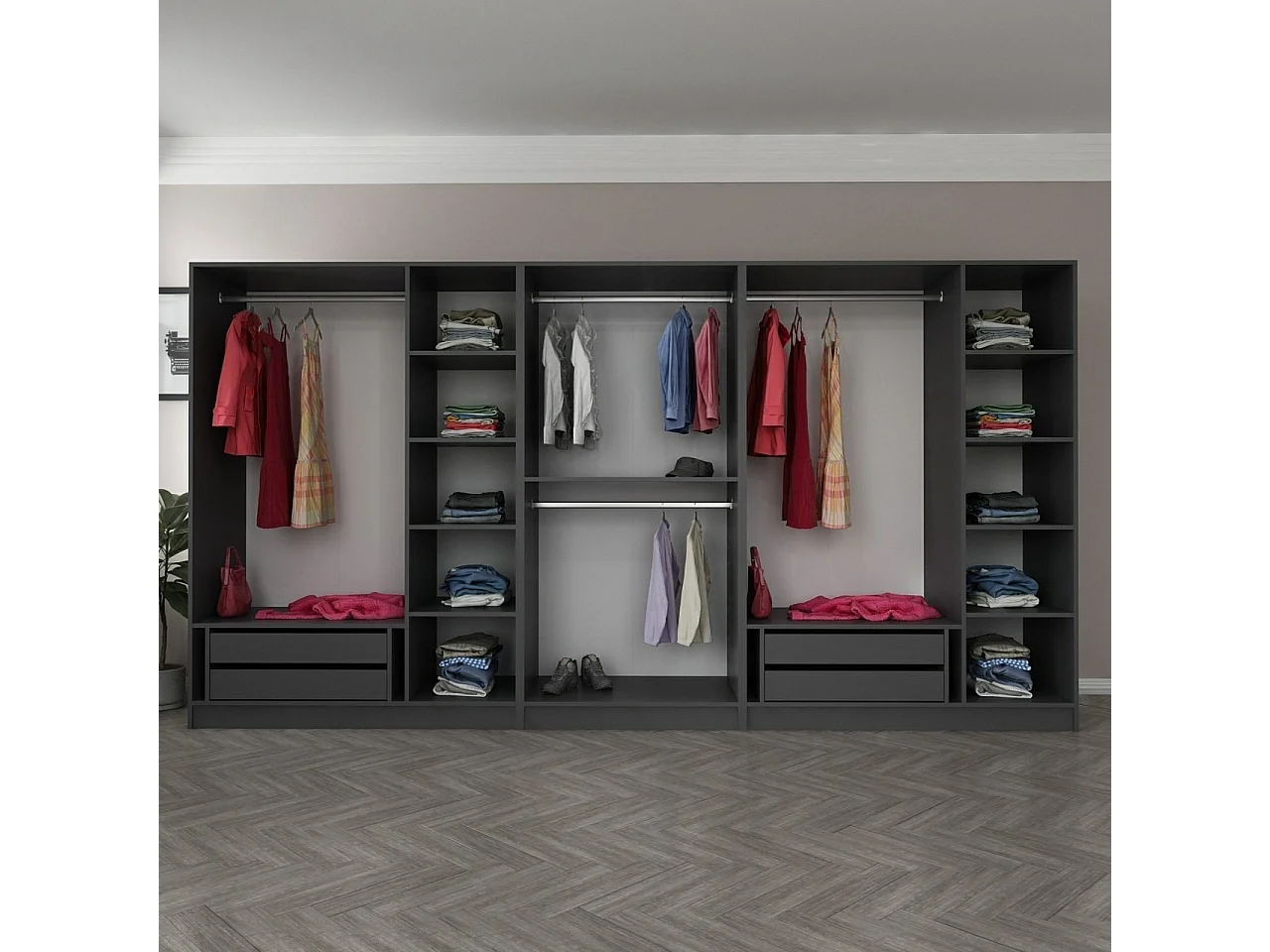 Armoire ouverte Antipax L360xH190cm 4 tringles et 4 tiroirs Anthracite