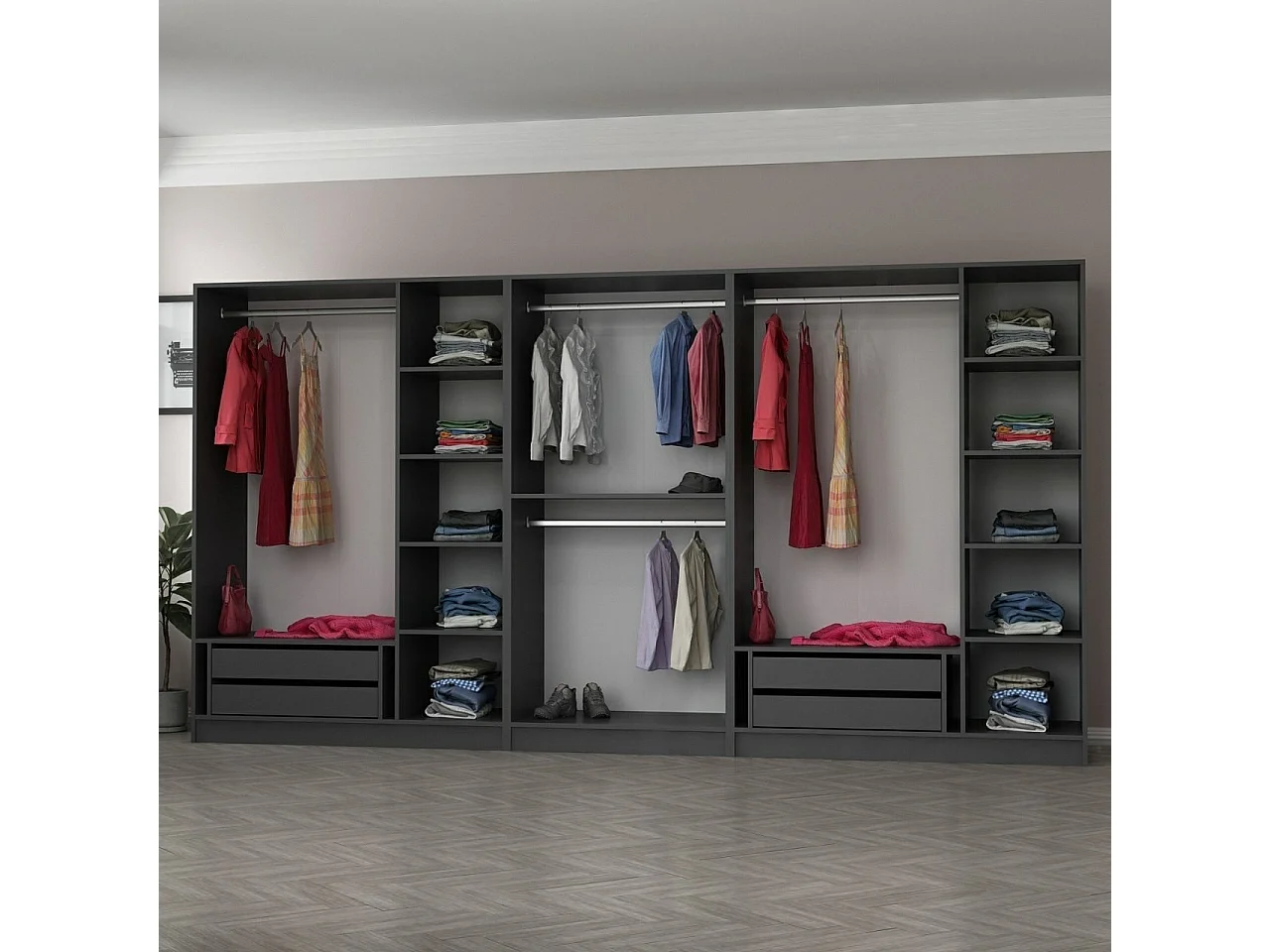 Armoire ouverte Antipax L360xH190cm 4 tringles et 4 tiroirs Anthracite