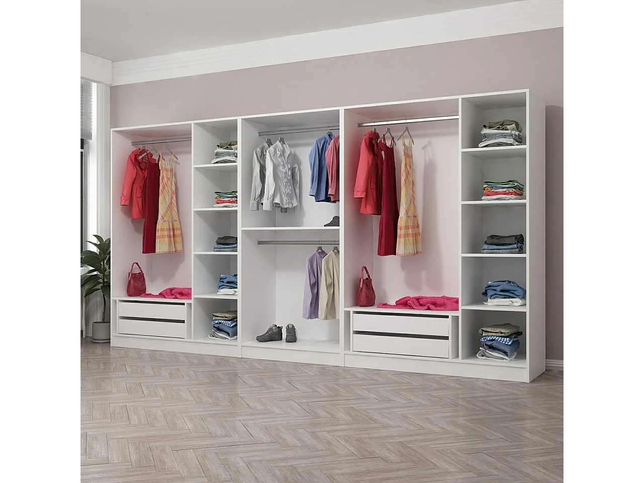 Armoire ouverte Antipax L360xH190cm 4 tringles et 4 tiroirs Blanc