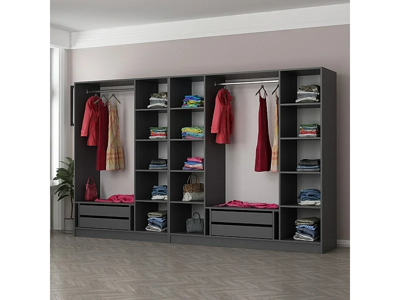 Armoire ouverte Antipax L315xH210cm 2 tringles et 4 tiroirs Anthracite