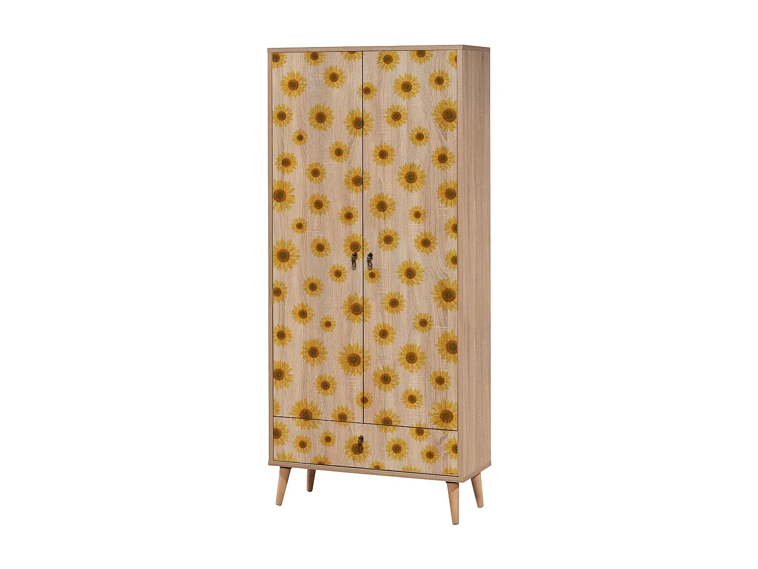 Armoire 2 portes et 1 tiroir Pertha L80cm Bois clair Motif Fleurs Jaune
