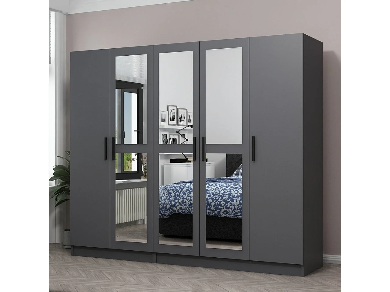 Armoires 5 portes et 6 miroirs Sanur L225xH210cm Anthracite