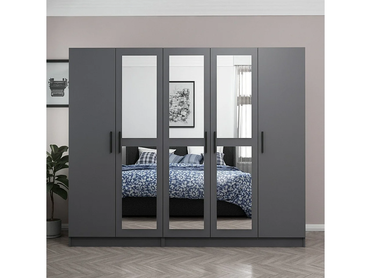 Armoires 5 portes et 6 miroirs Sanur L225xH210cm Anthracite