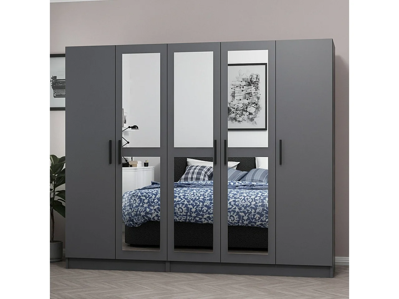 Armoires 5 portes et 6 miroirs Sanur L225xH210cm Anthracite
