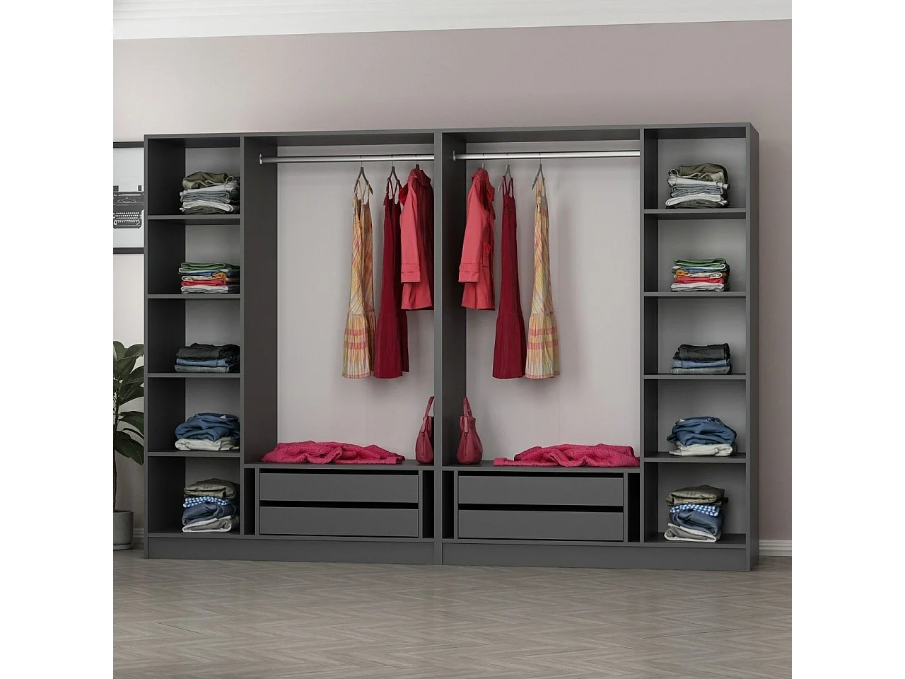 Armoire ouverte Antipax L270xH210cm 2 tringles et 4 tiroirs Anthracite