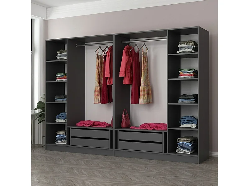 Armoire ouverte Antipax L270xH210cm 2 tringles et 4 tiroirs Anthracite