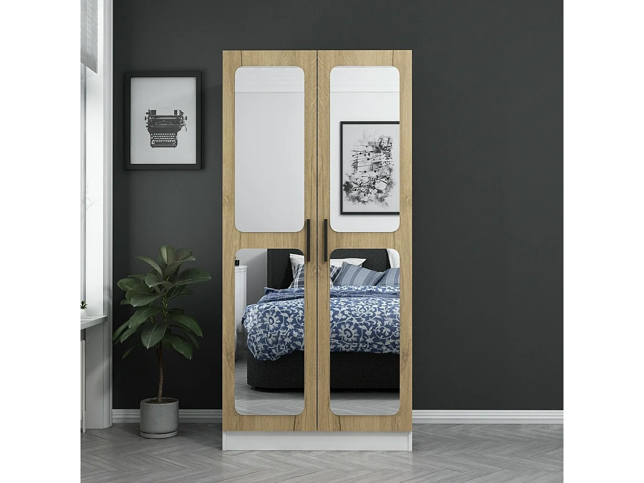 Armoires 2 portes et 4 miroirs Bangka L90xH190cm Bois clair et Blanc