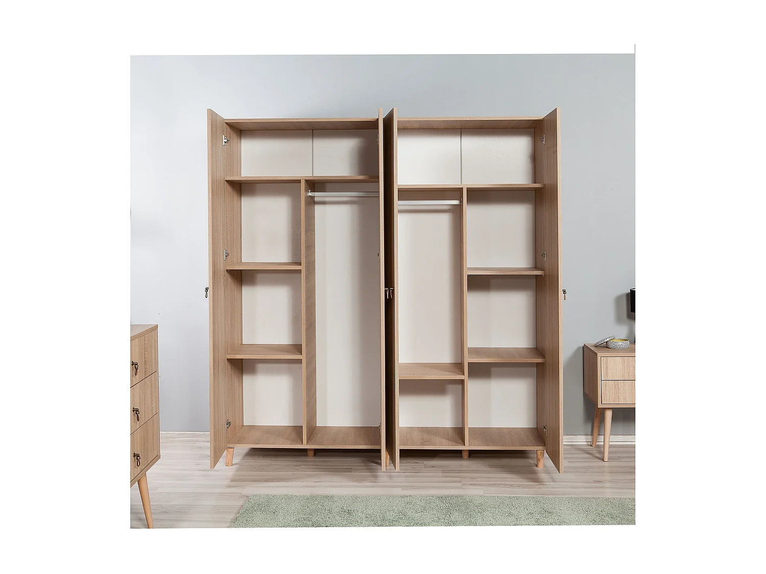 Armoire penderie 4 portes Infigo 180cm Bois Naturel Motif Rayures dégradé Nori et Rouge