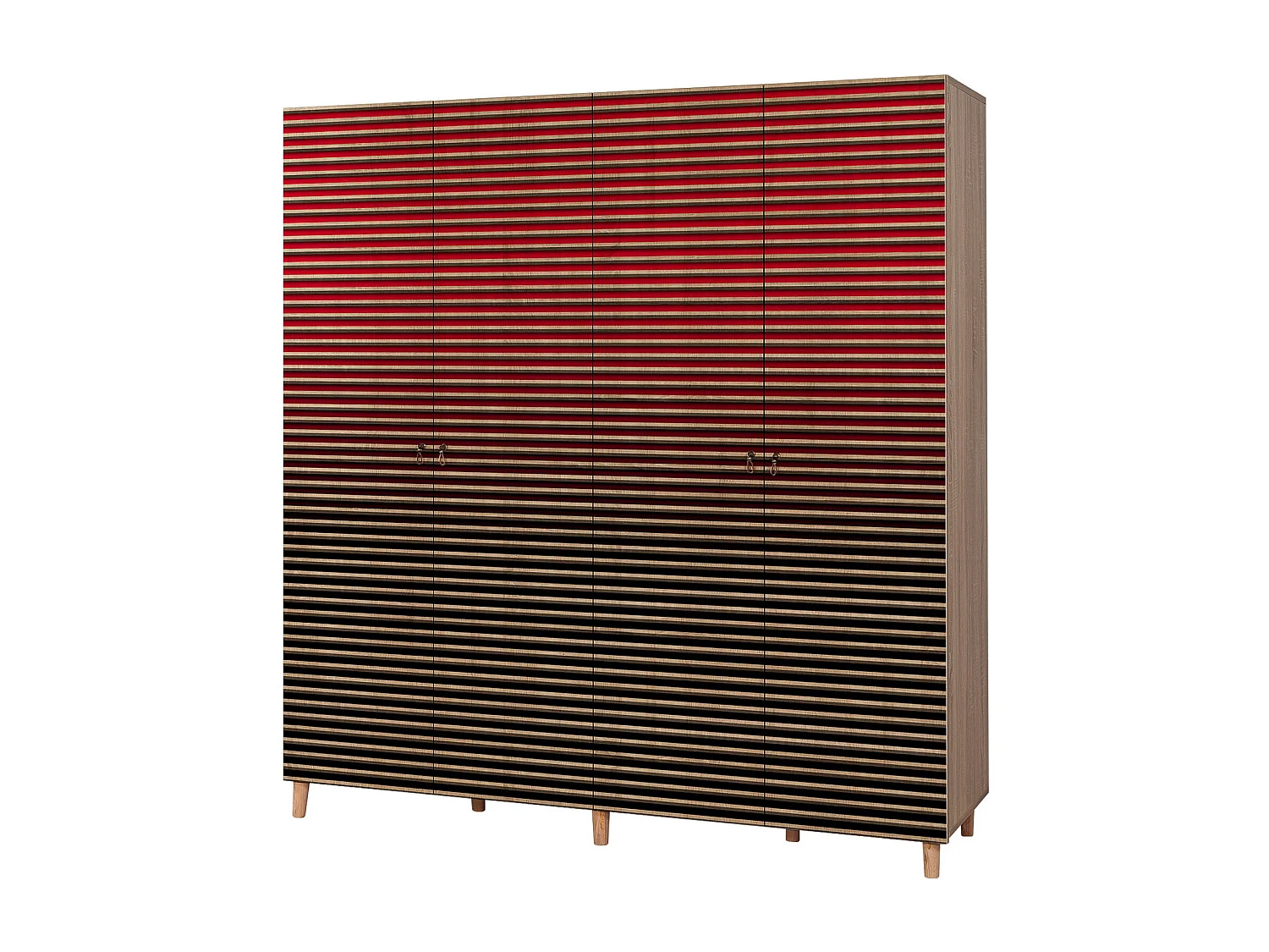 Armoire penderie 4 portes Infigo 180cm Bois Naturel Motif Rayures dégradé Nori et Rouge