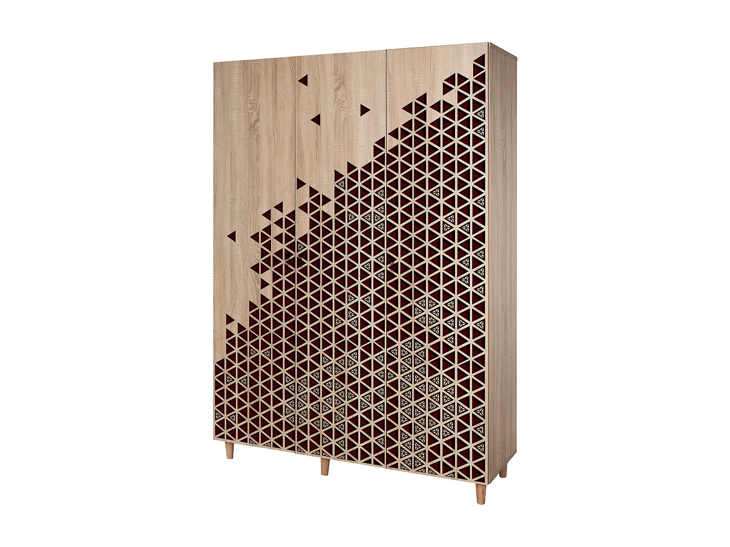 Armoire penderie 3 portes Infigo 135cm Bois Naturel Motif Triangle Bordeaux
