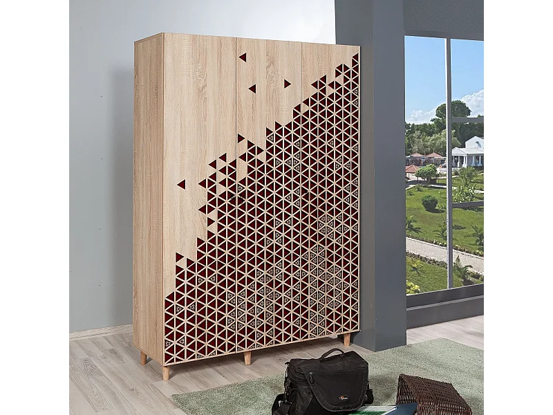 Armoire penderie 3 portes Infigo 135cm Bois Naturel Motif Triangle Bordeaux
