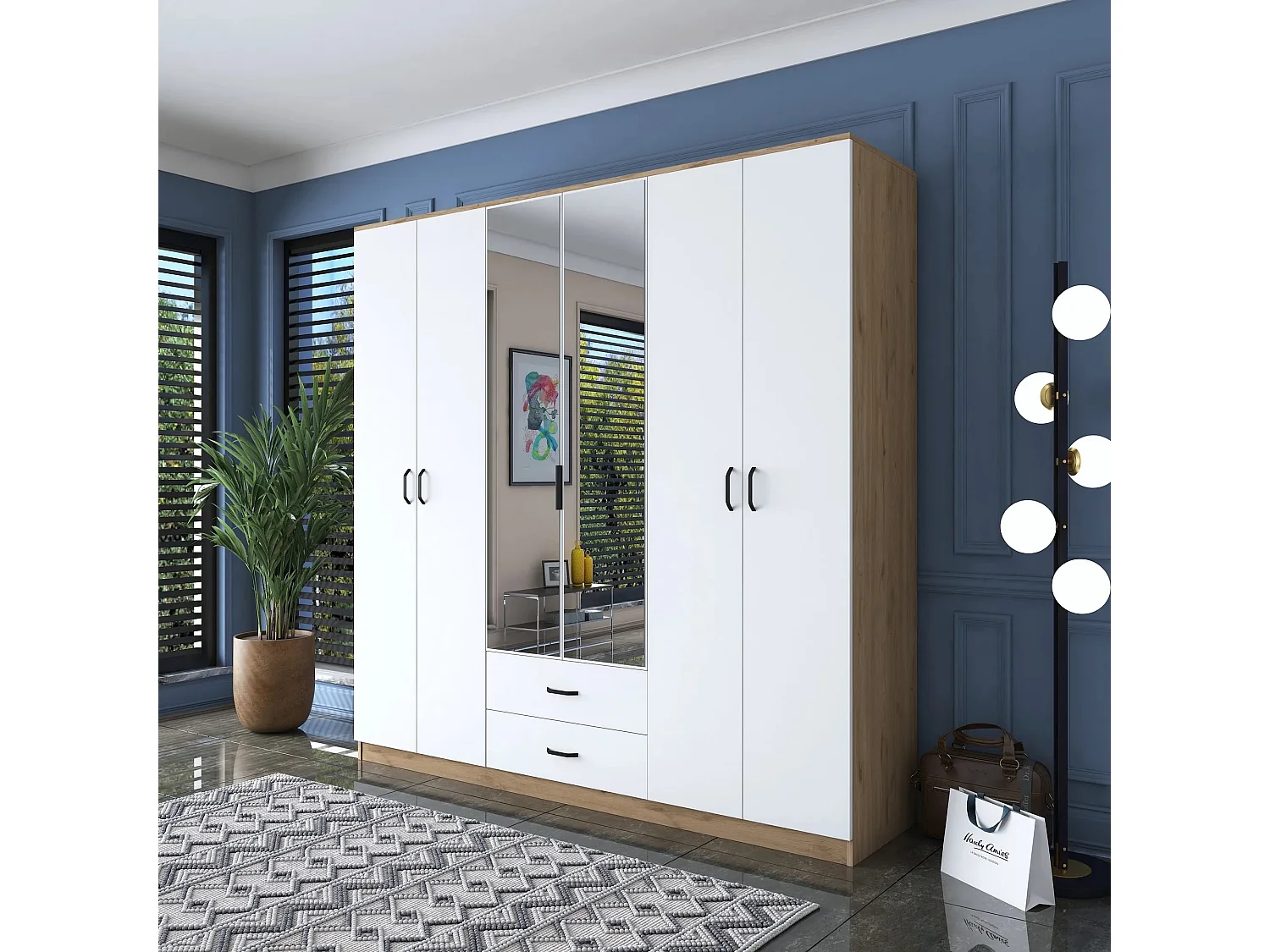 Armoire 6 portes avec 2 miroirs et 2 tiroirs Colibris L180xH210cm Bois clair et Blanc