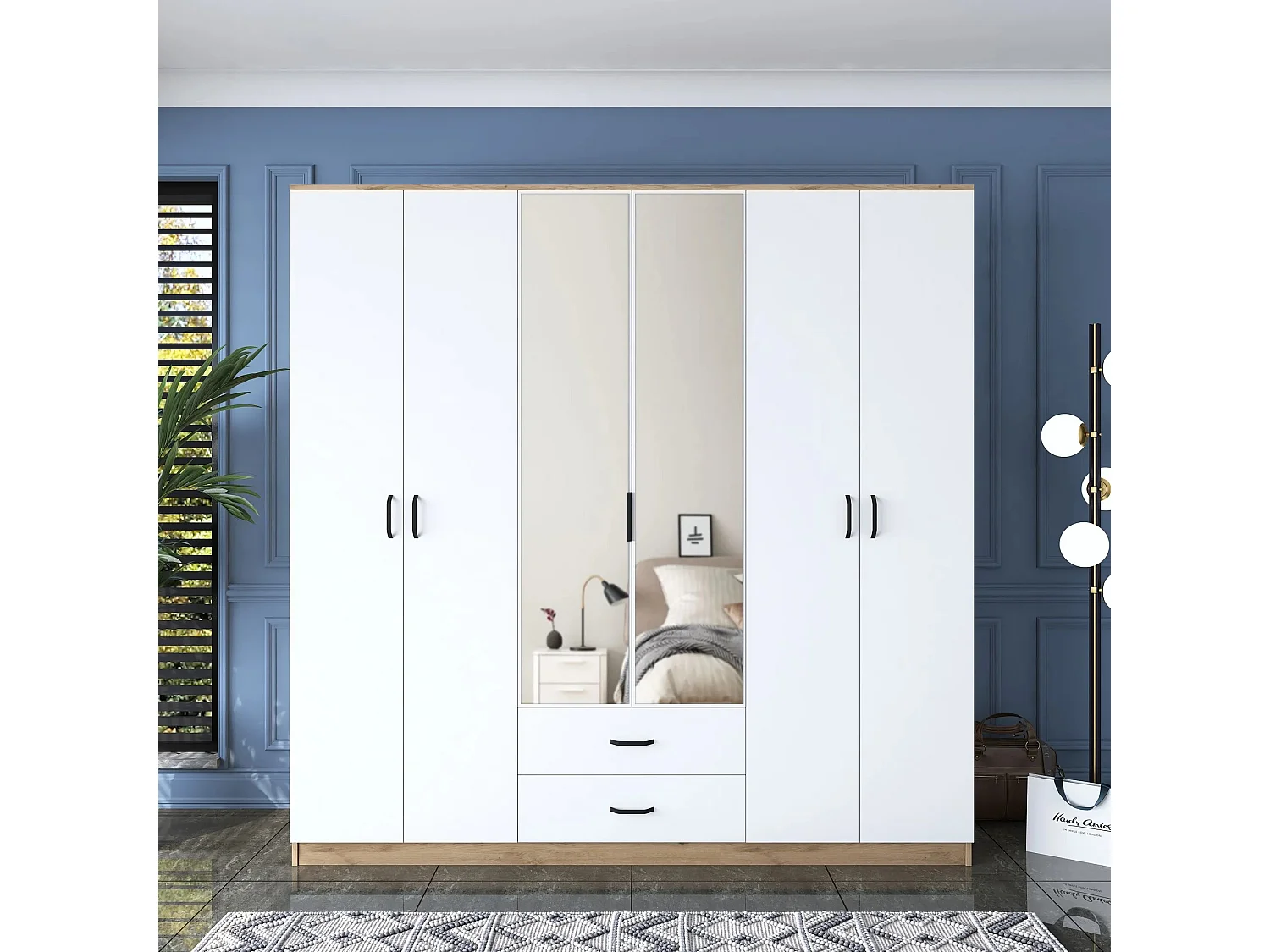 Armoire 6 portes avec 2 miroirs et 2 tiroirs Colibris L180xH210cm Bois clair et Blanc