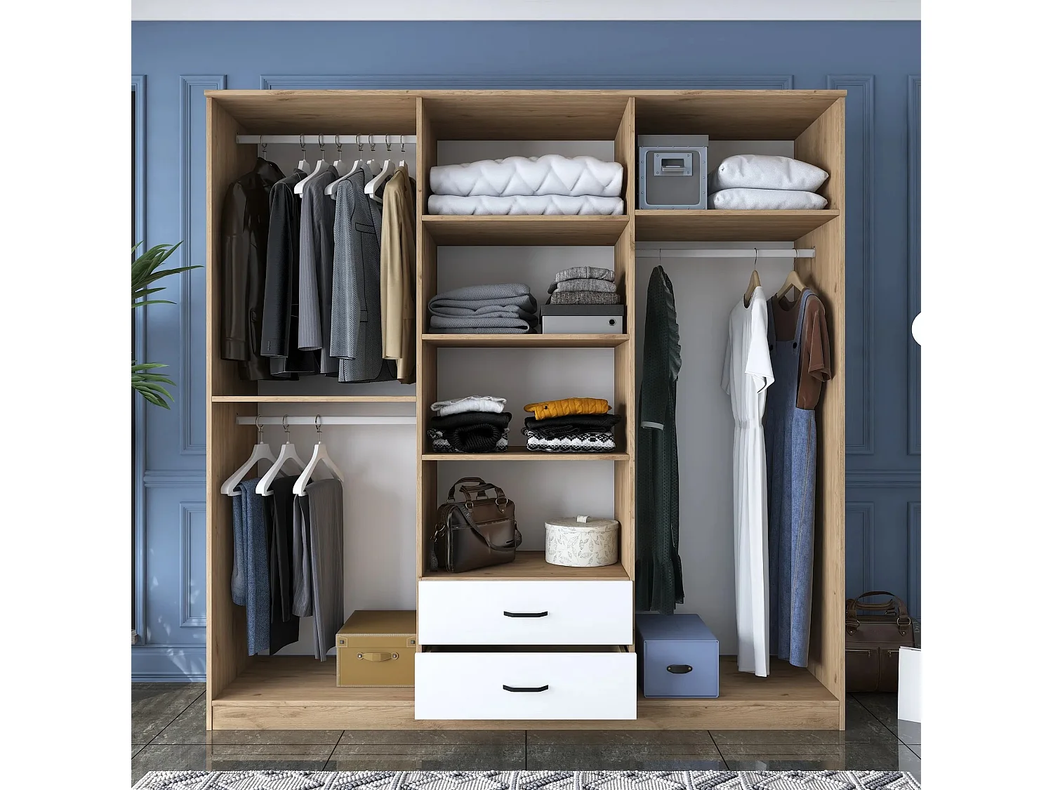 Armoire 6 portes avec 2 miroirs et 2 tiroirs Colibris L180xH210cm Bois clair et Blanc