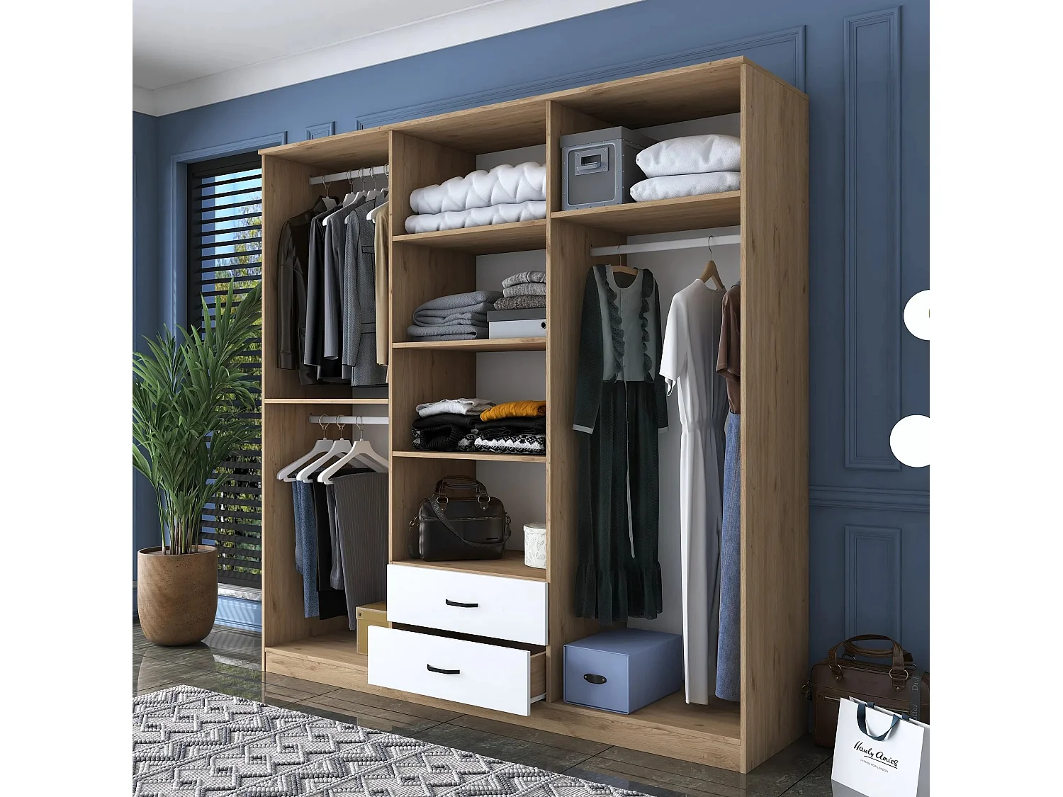 Armoire 6 portes avec 2 miroirs et 2 tiroirs Colibris L180xH210cm Bois clair et Blanc