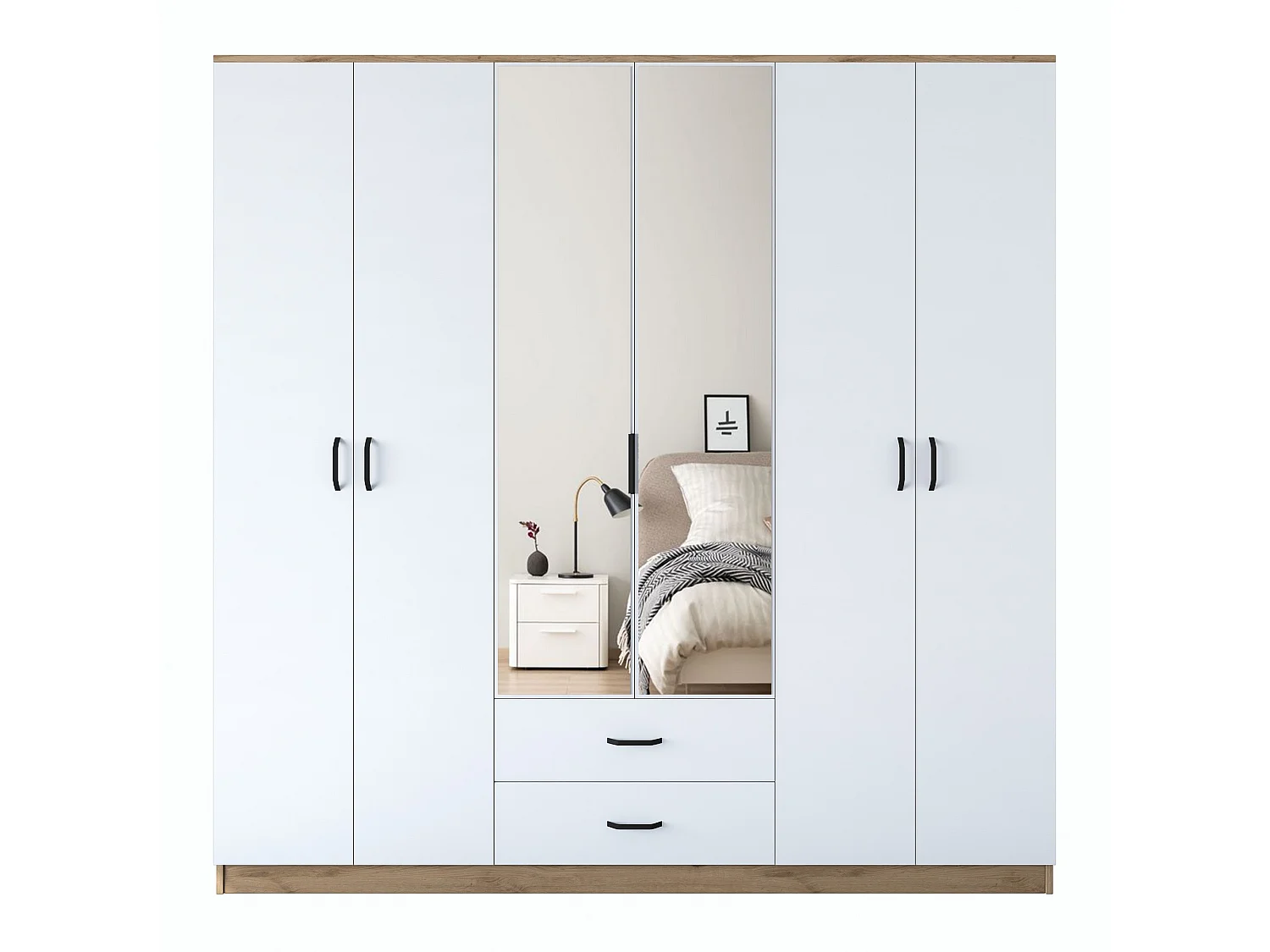 Armoire 6 portes avec 2 miroirs et 2 tiroirs Colibris L180xH210cm Bois clair et Blanc